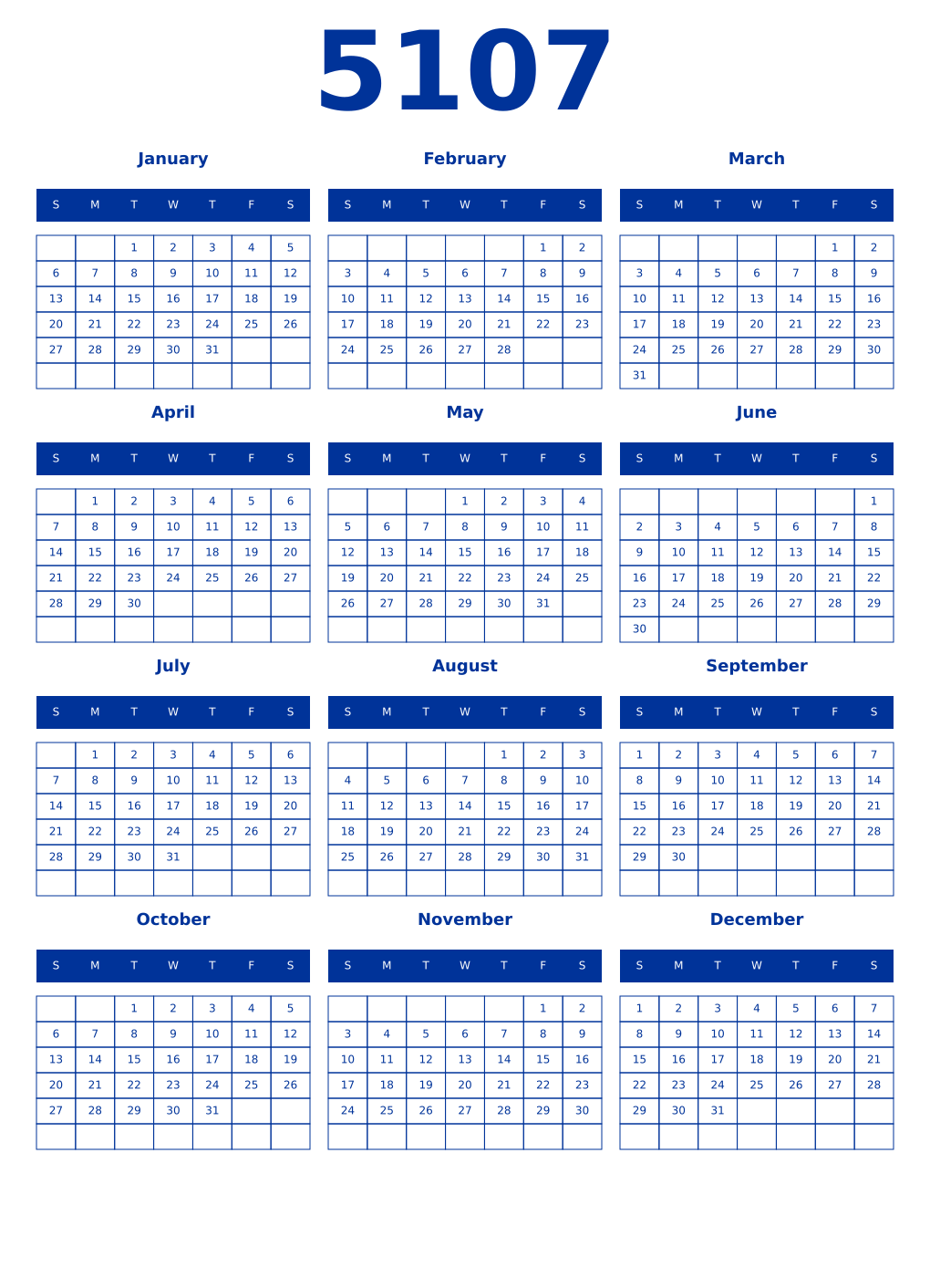 Printable 5107 Year Calendars smalt