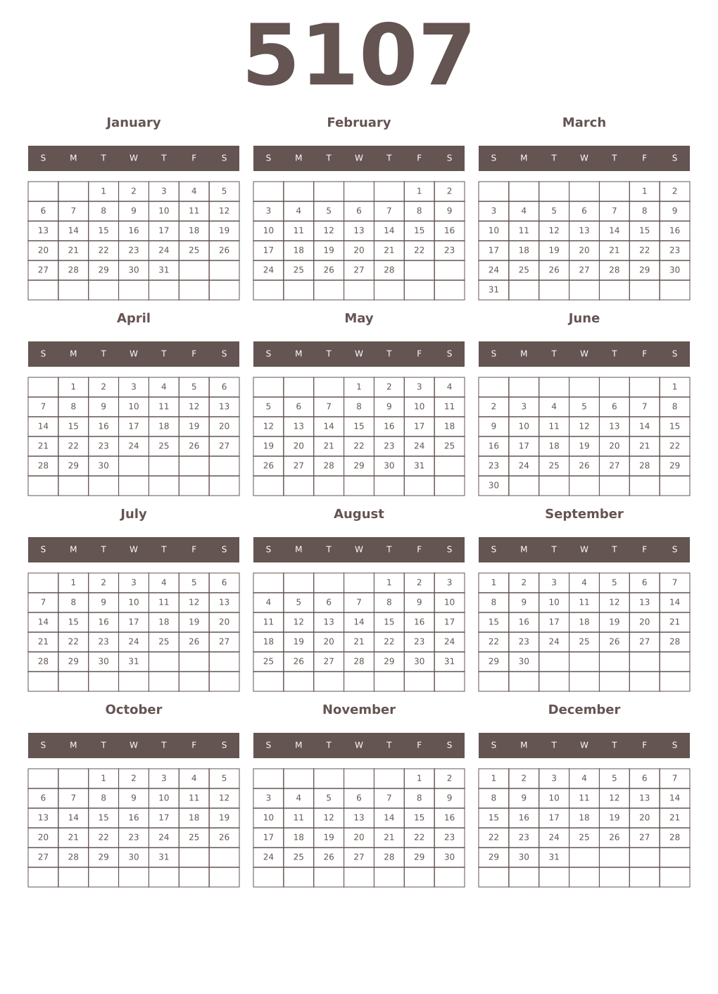 Printable 5107 Year Calendars wenge