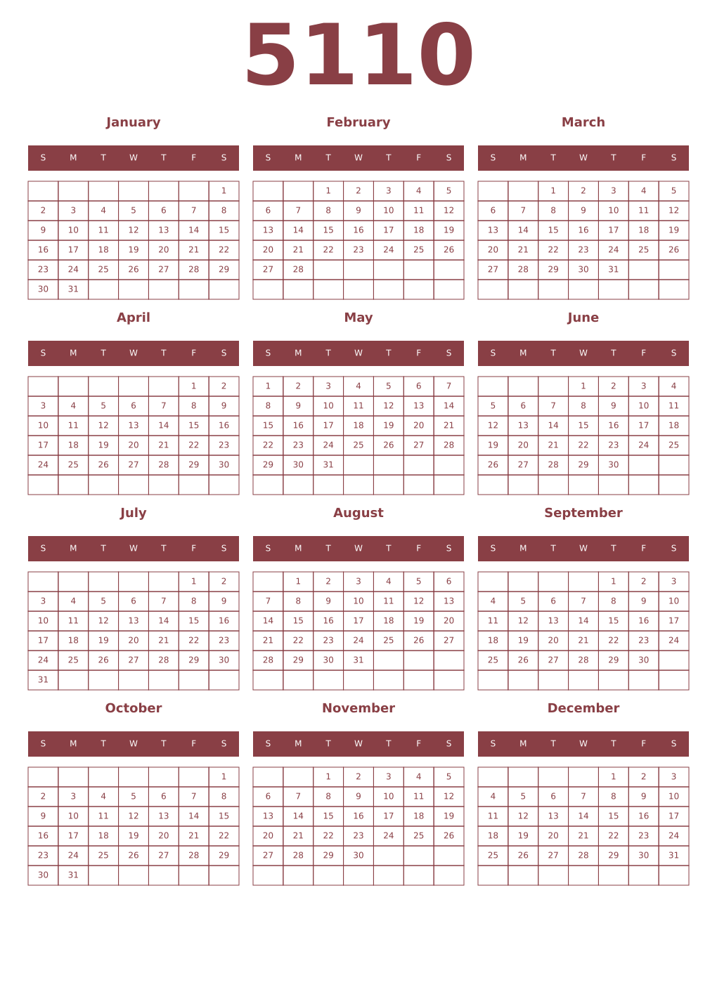 Printable 5110 Year Calendars cordovan