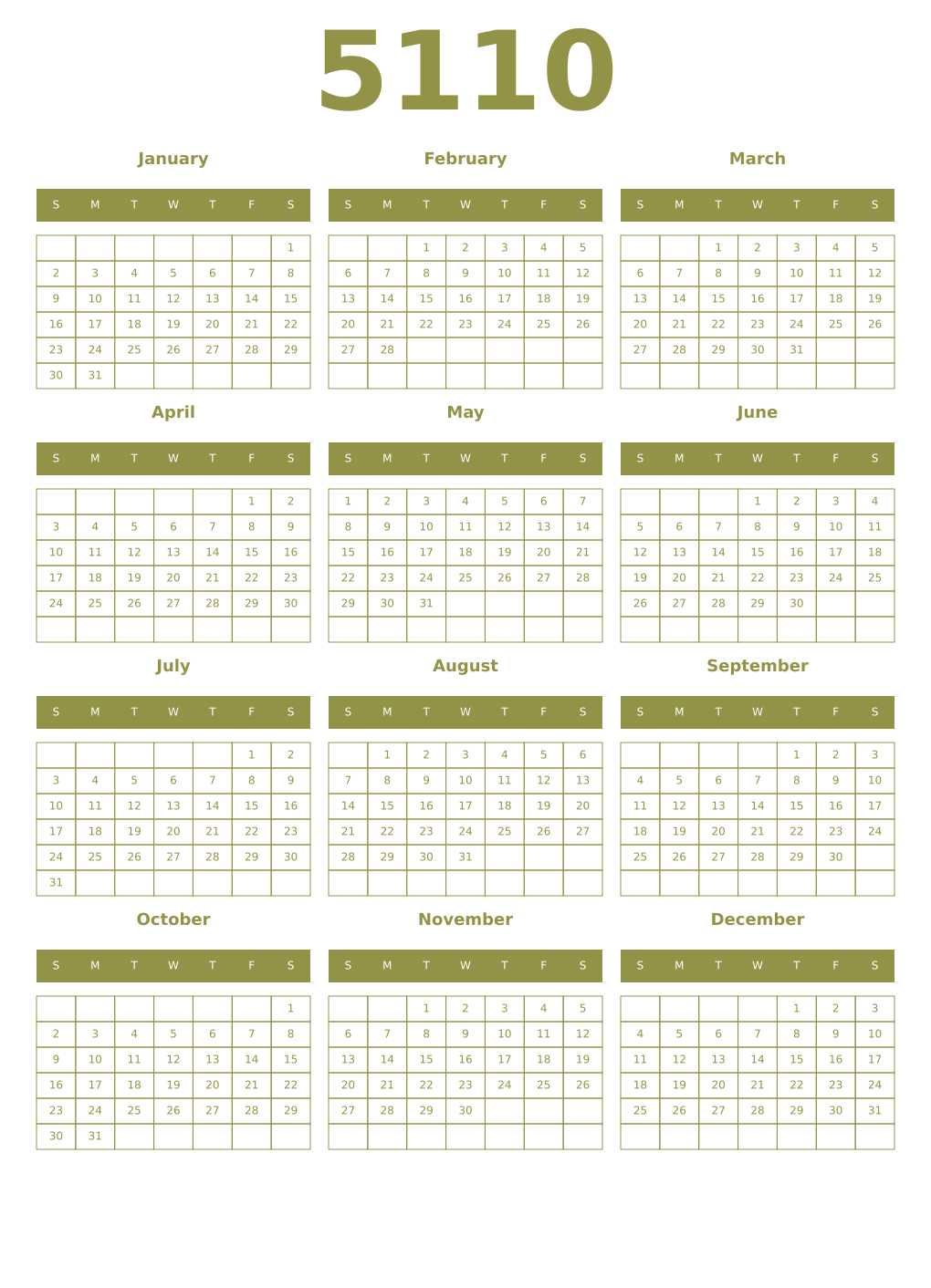 Printable 5110 Year Calendars eburnean