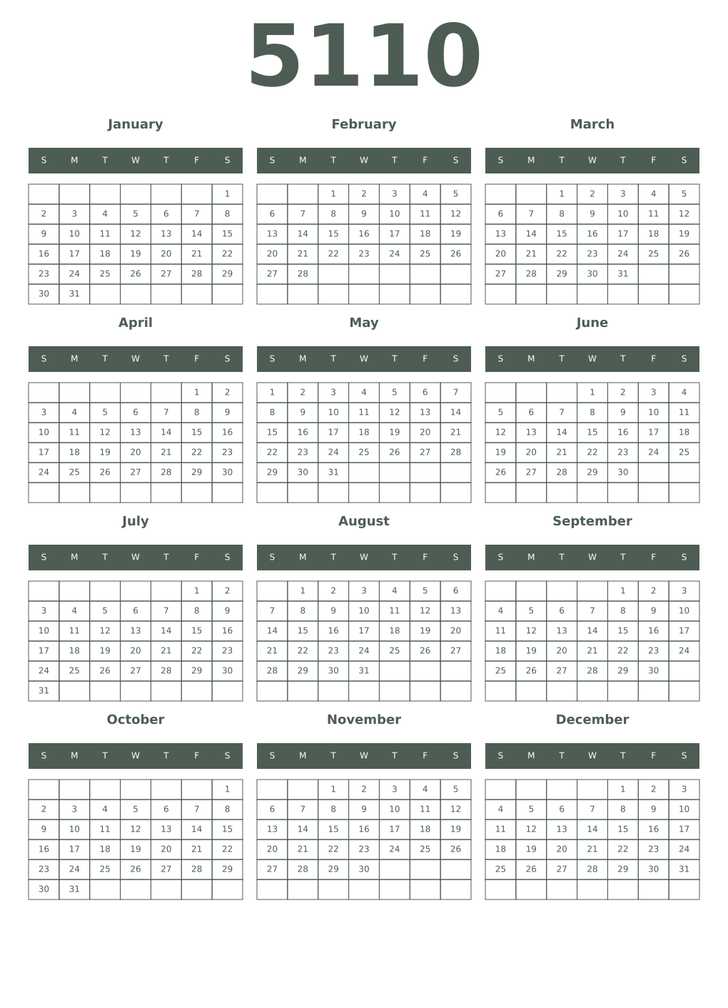 Printable 5110 Year Calendars feldgrau