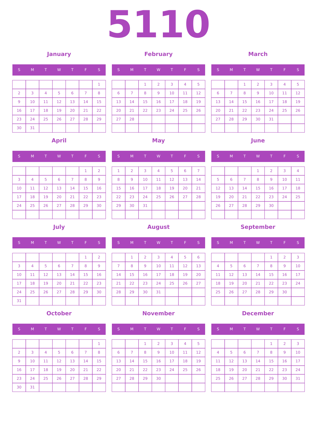 Printable 5110 Year Calendars purple