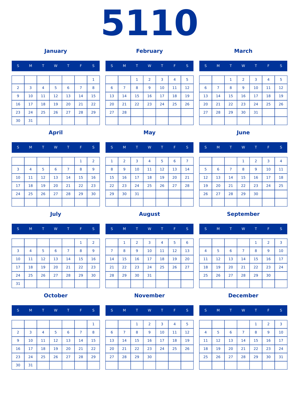 Printable 5110 Year Calendars smalt