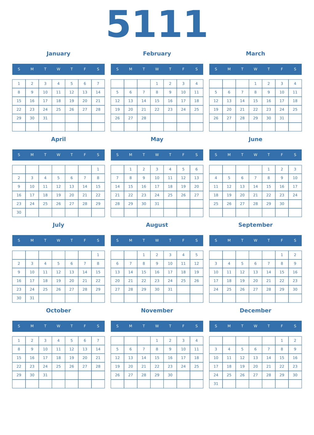 Printable 5111 Year Calendars blue
