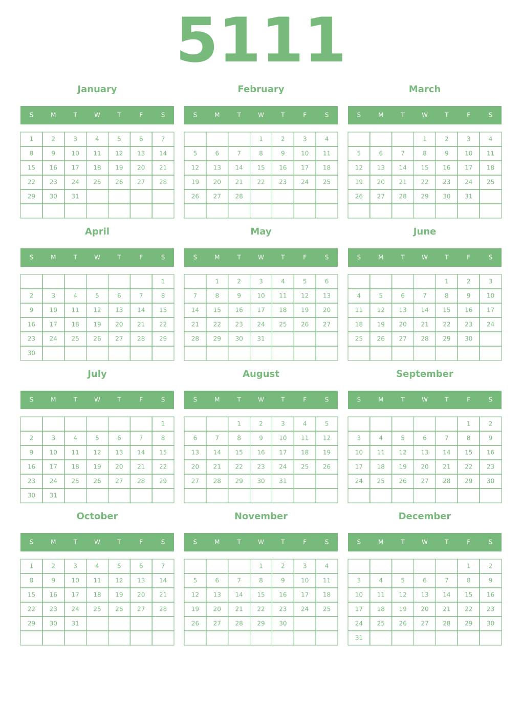 Printable 5111 Year Calendars celadon
