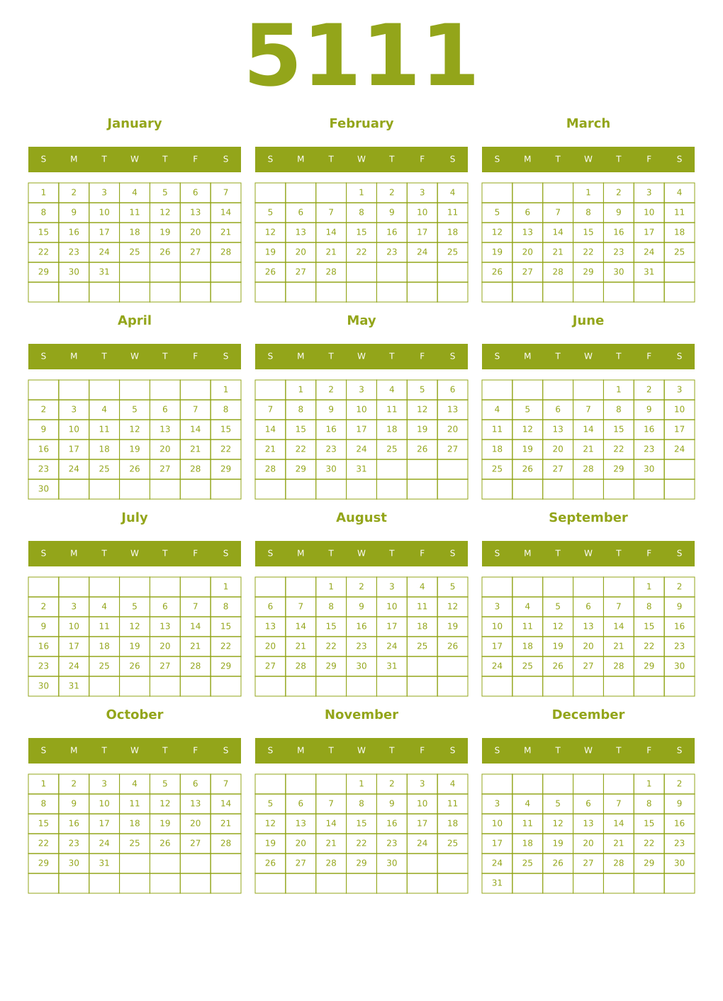 Printable 5111 Year Calendars chartreuse