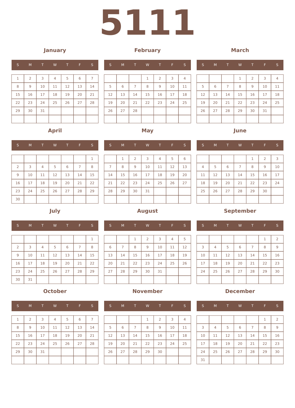 Printable 5111 Year Calendars coffe
