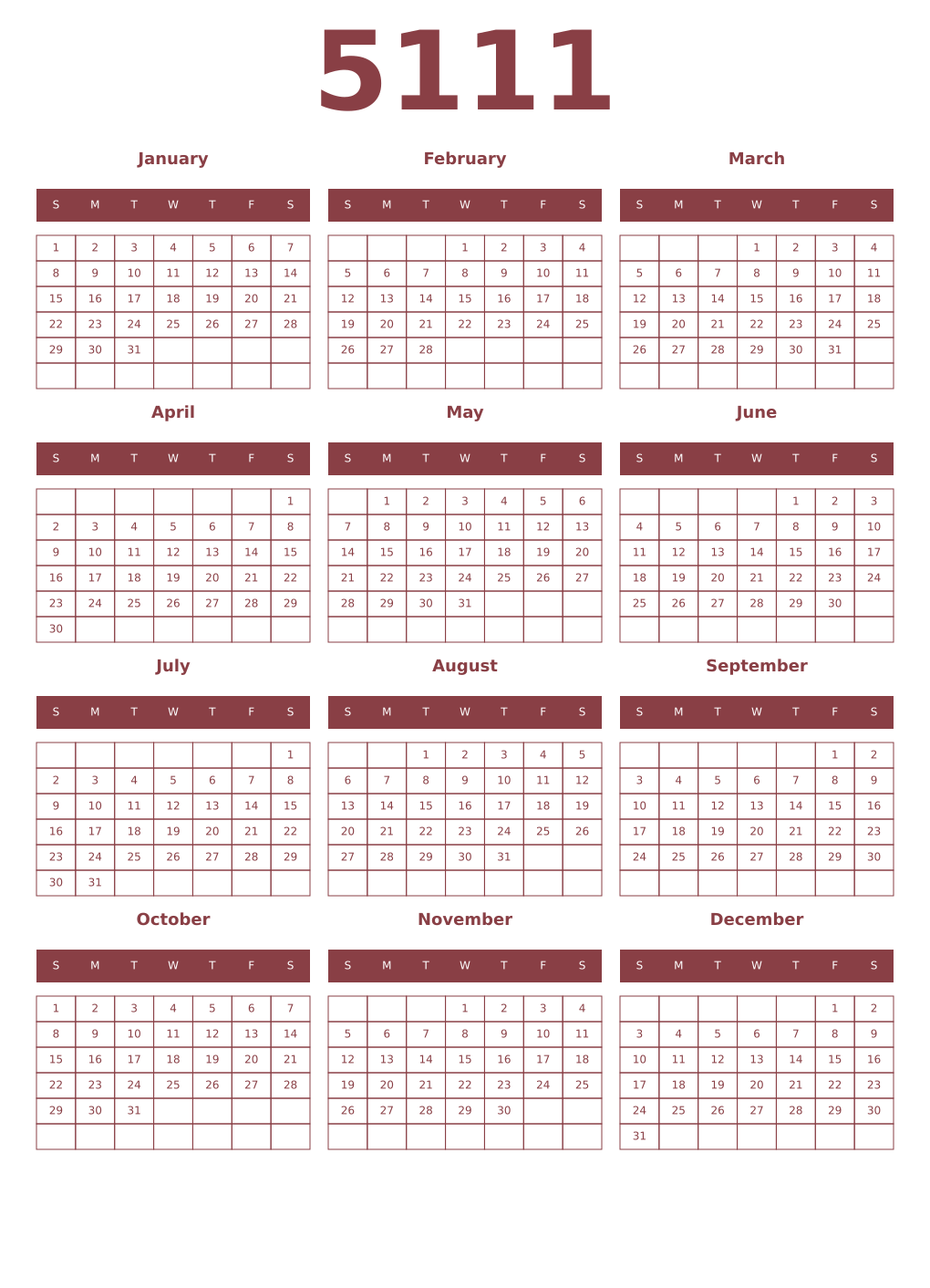 Printable 5111 Year Calendars cordovan