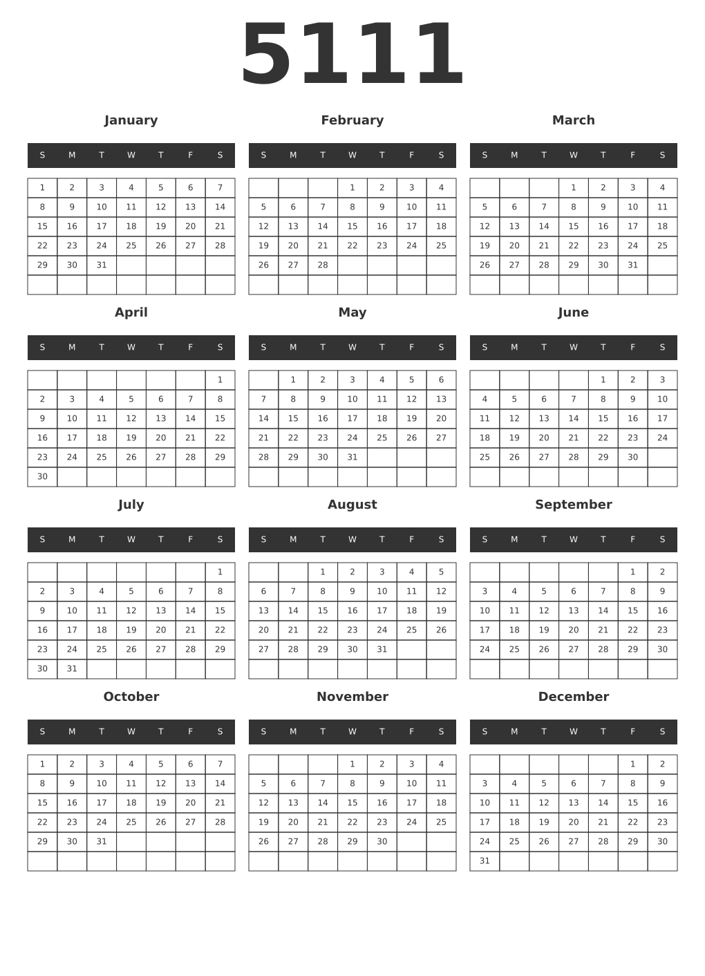Printable 5111 Year Calendars dark