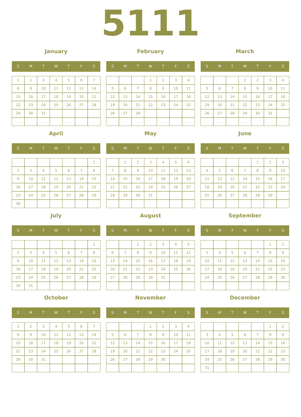 Printable 5111 Year Calendars eburnean