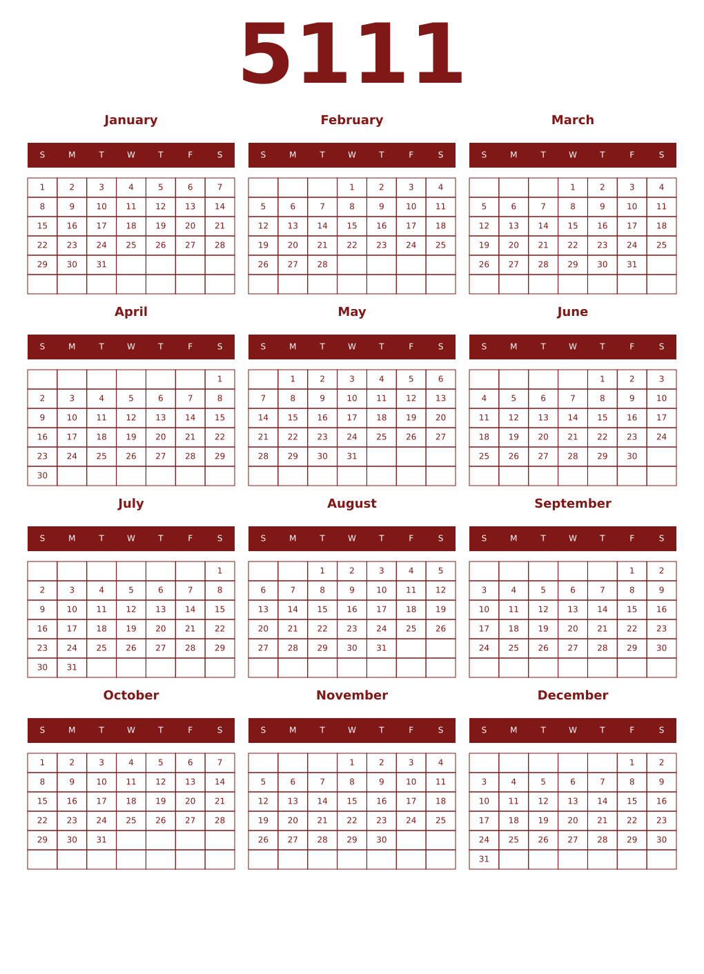 Printable 5111 Year Calendars falu