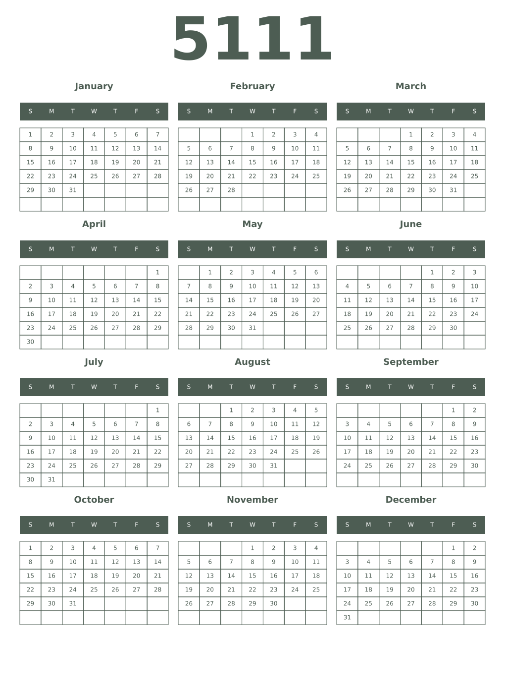 Printable 5111 Year Calendars feldgrau