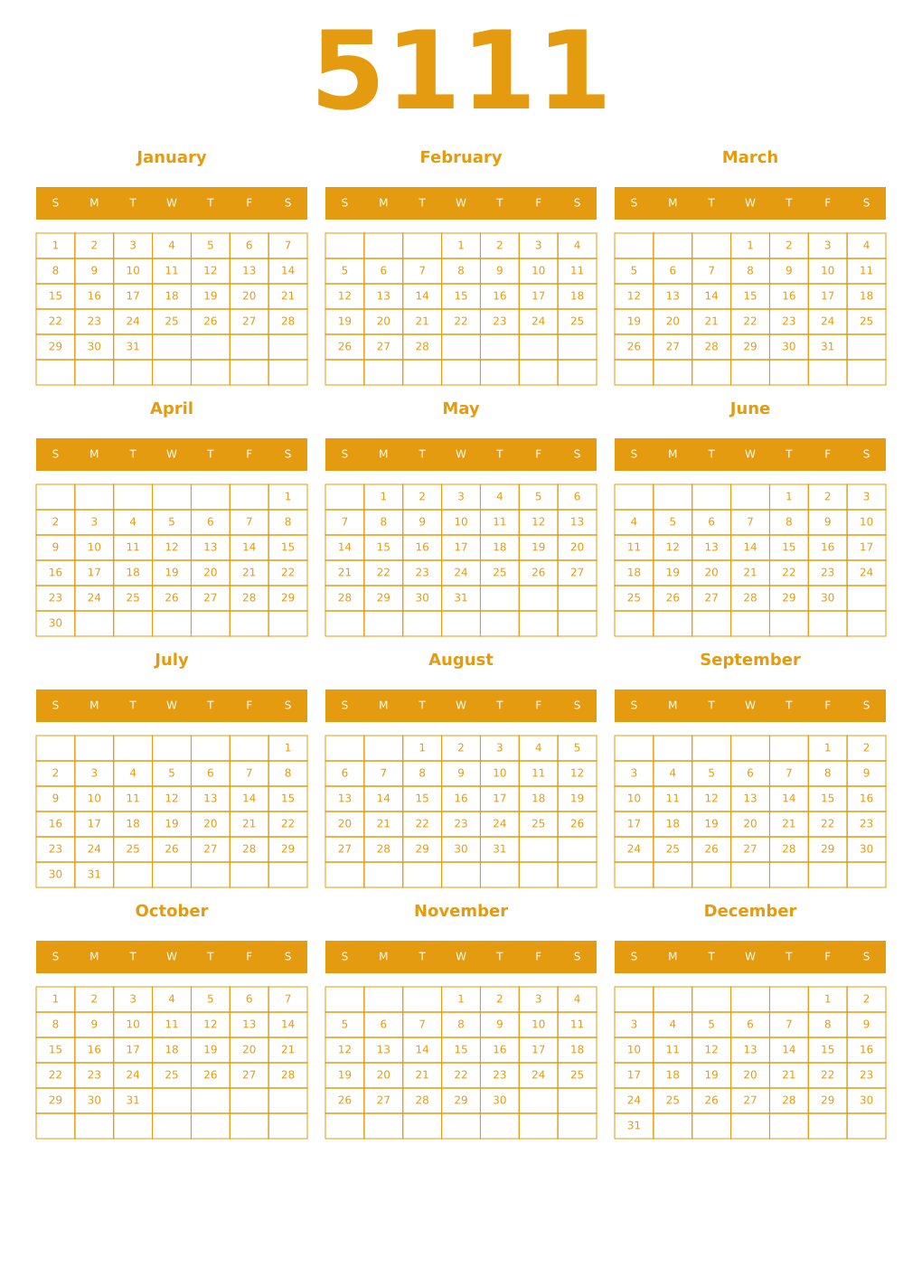 Printable 5111 Year Calendars gamboge