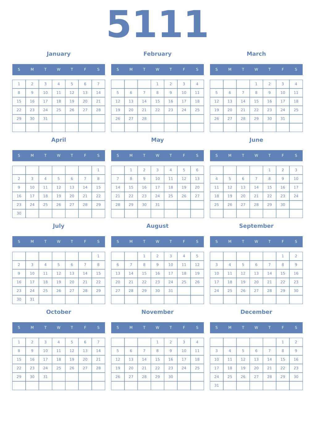 Printable 5111 Year Calendars glaucous
