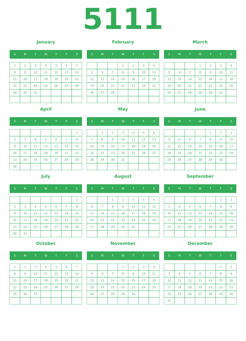 Printable 5111 Year Calendars green