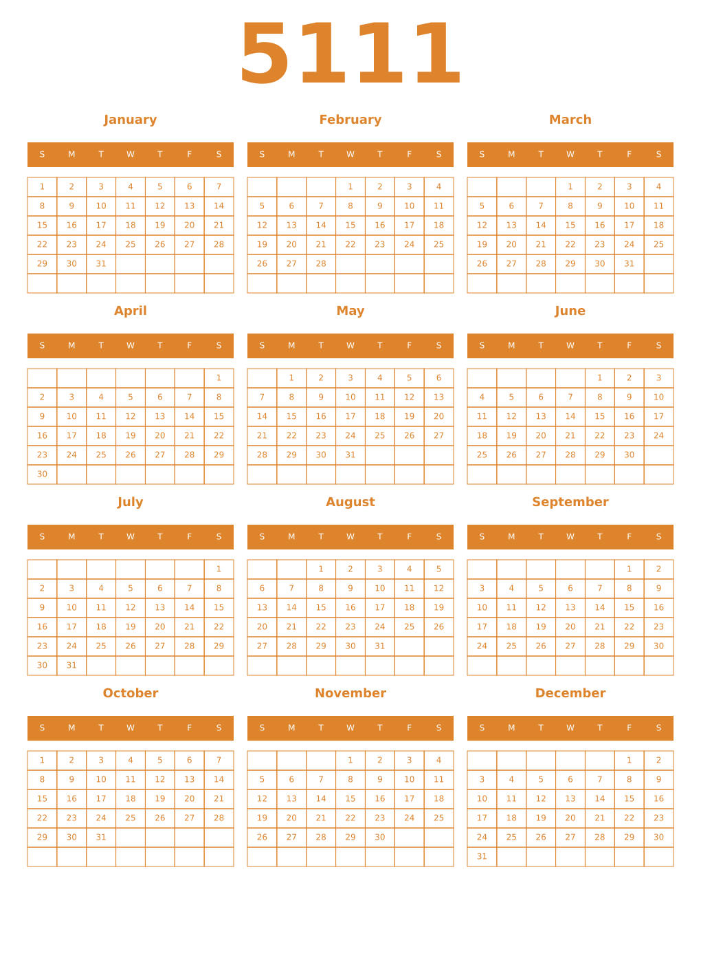 Printable 5111 Year Calendars orange