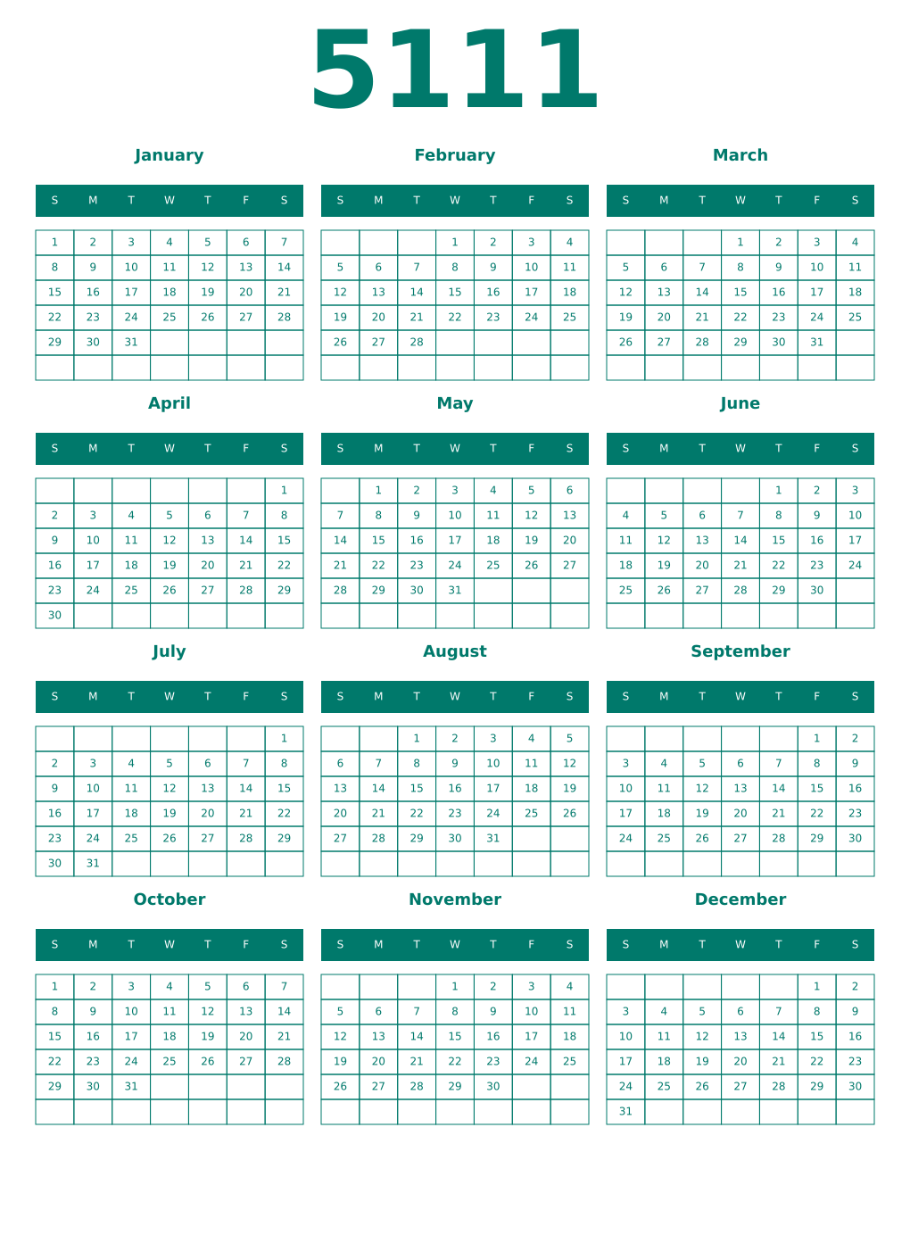 Printable 5111 Year Calendars pastel