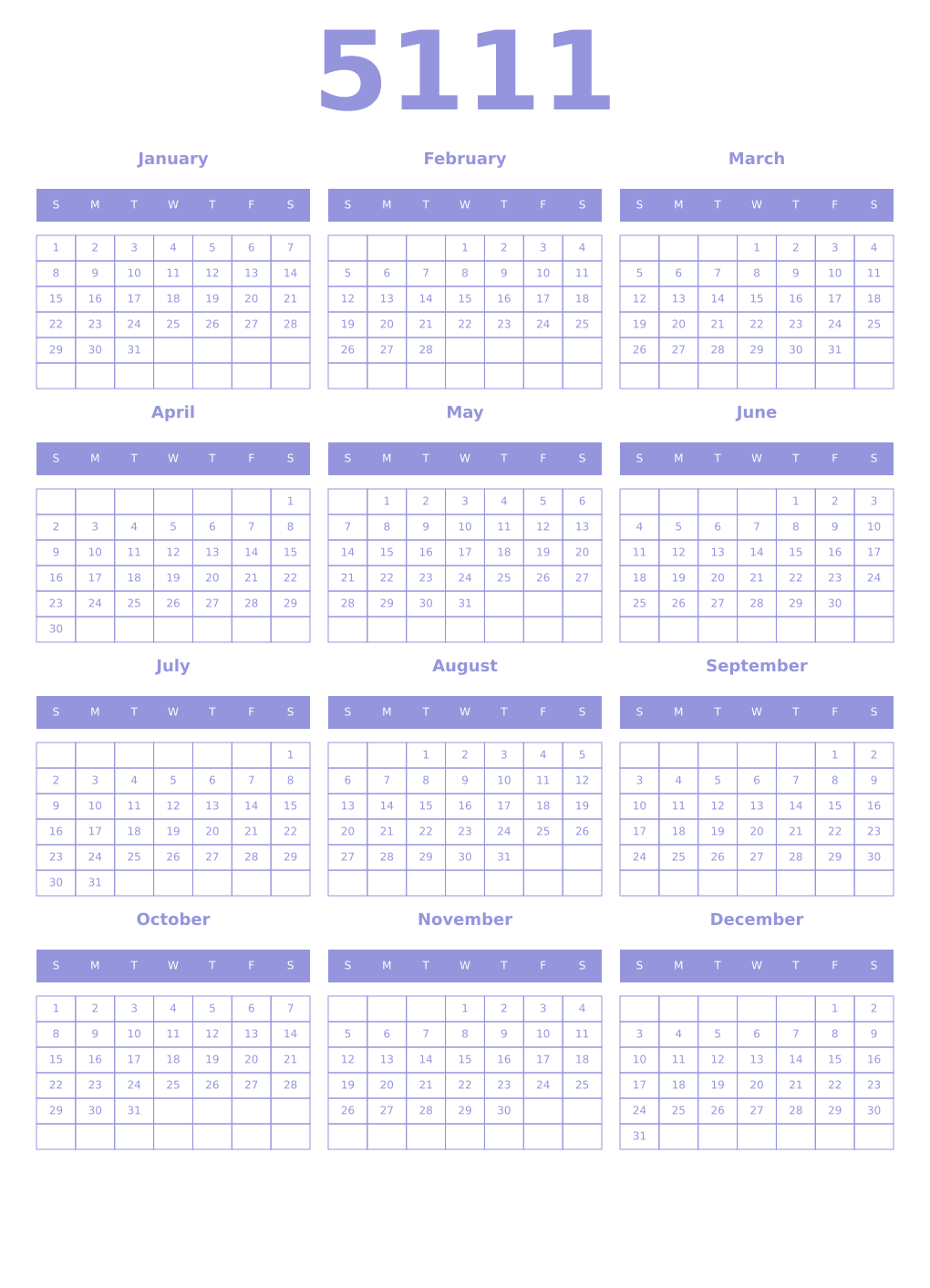 Printable 5111 Year Calendars periwinkle
