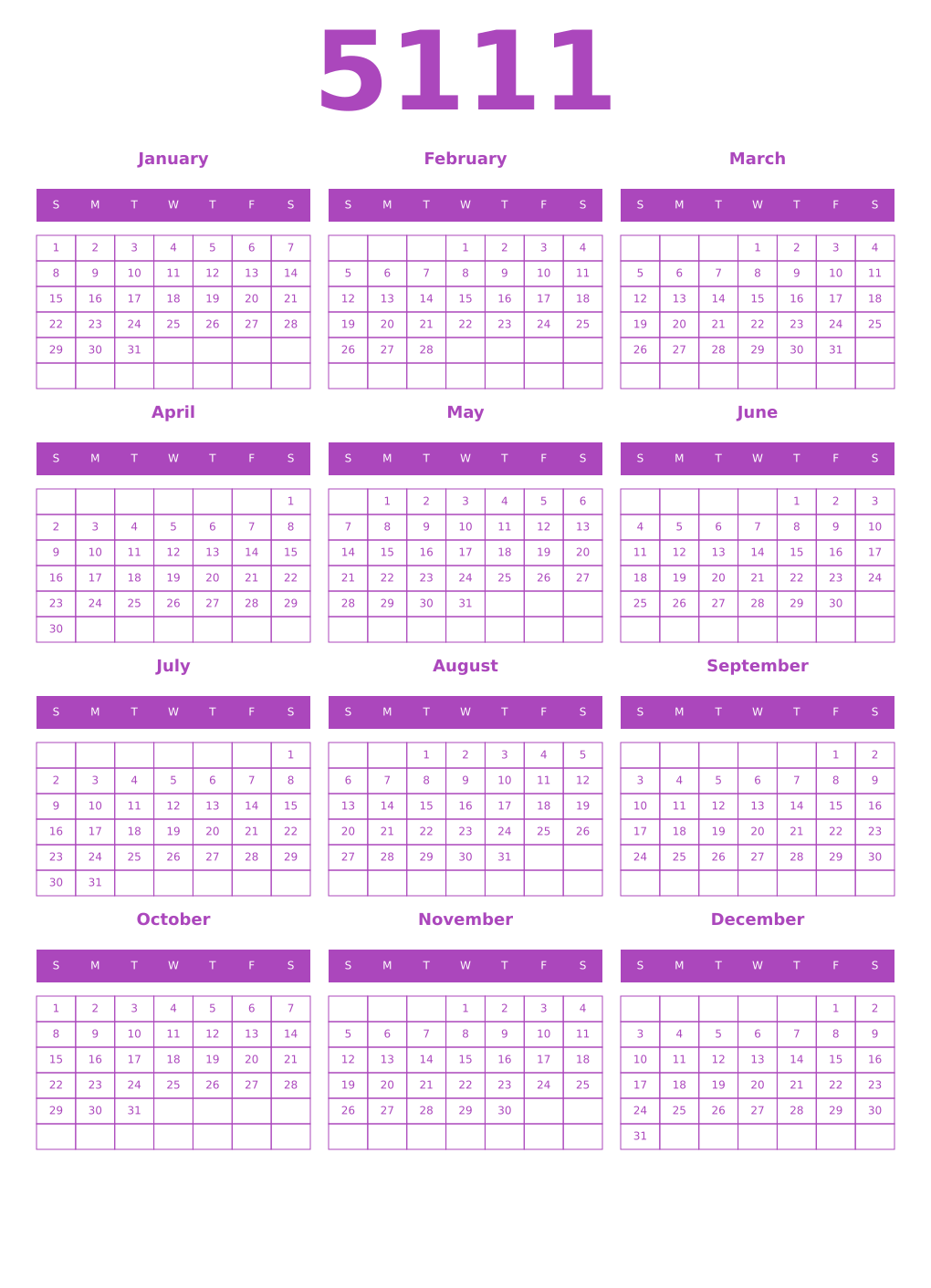 Printable 5111 Year Calendars purple