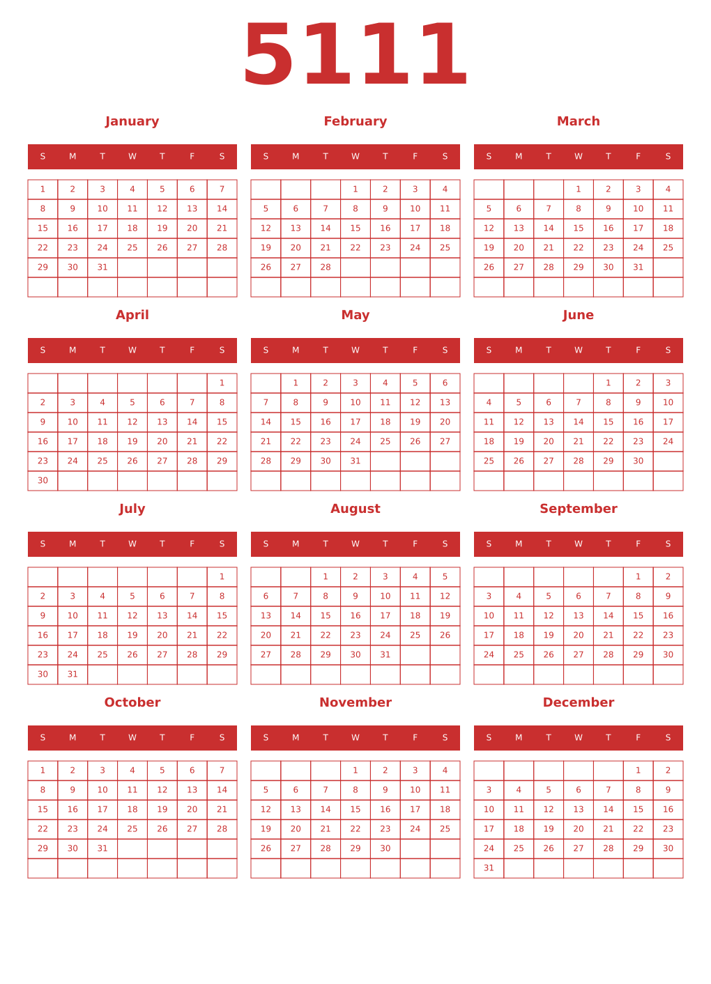 Printable 5111 Year Calendars red