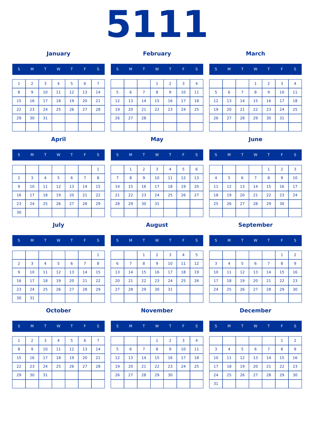 Printable 5111 Year Calendars smalt
