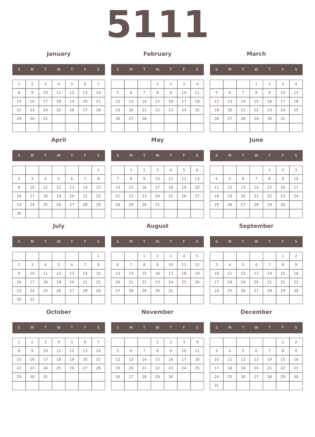 Printable 5111 Year Calendars wenge