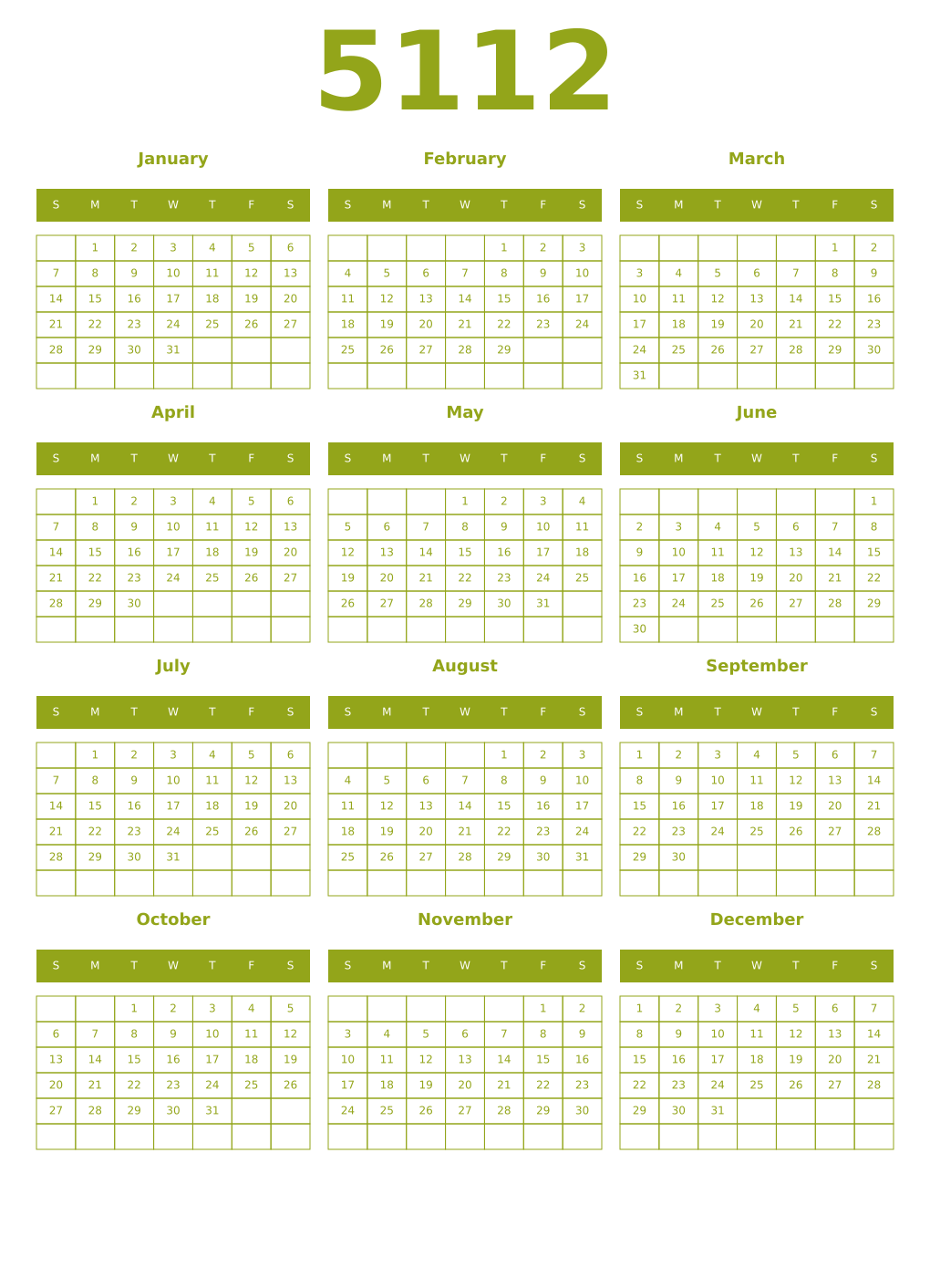 Printable 5112 Year Calendars chartreuse