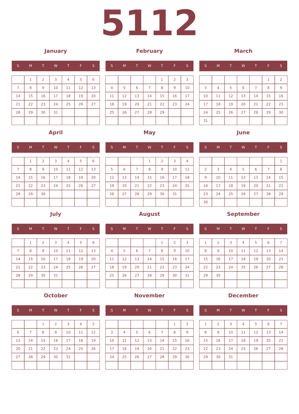 Printable 5112 Year Calendars cordovan