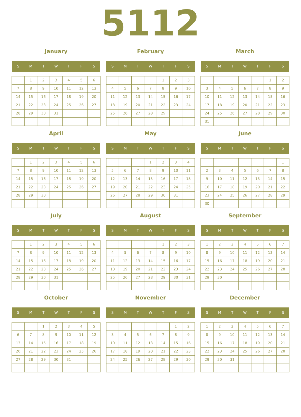 Printable 5112 Year Calendars eburnean