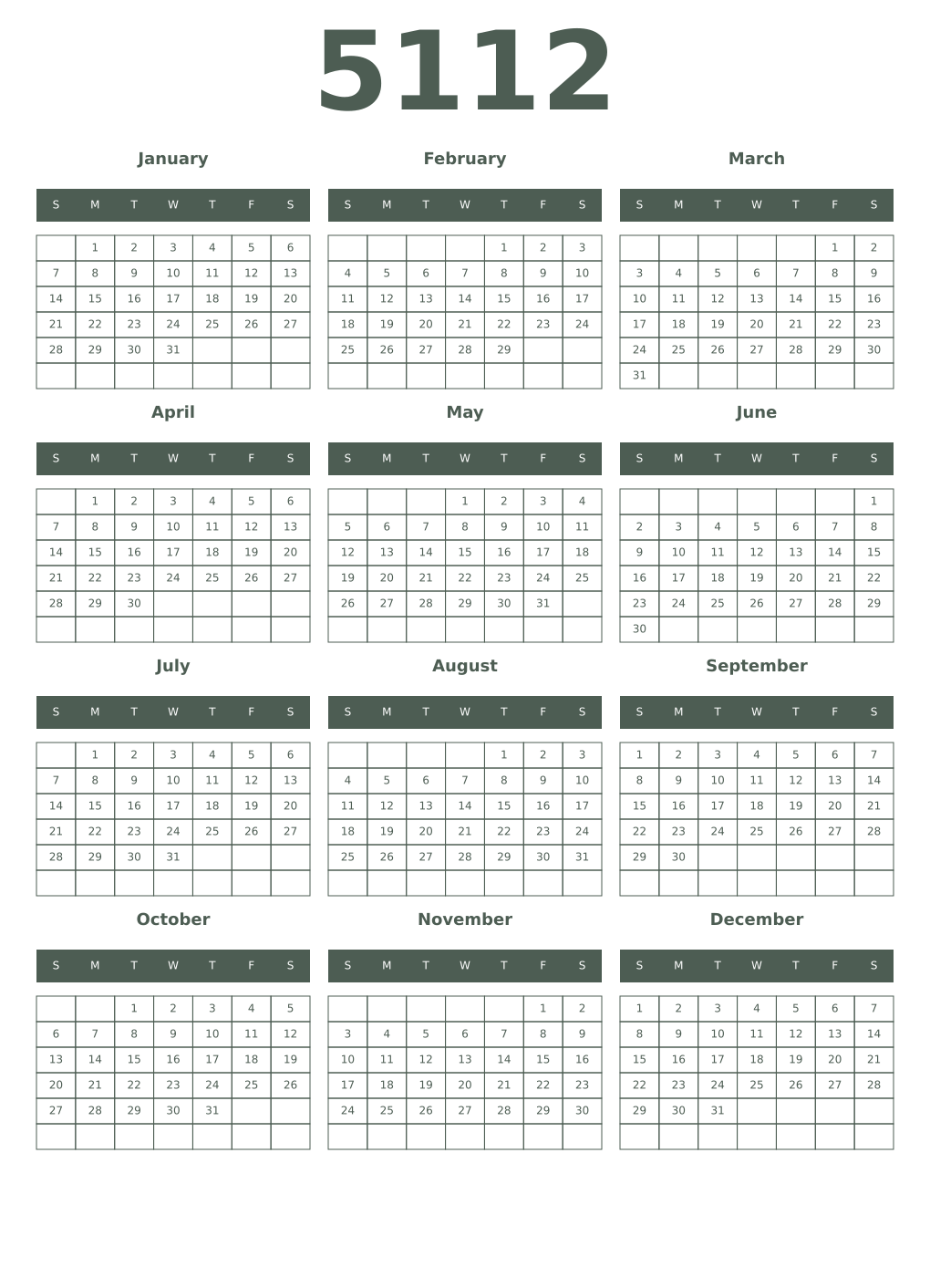 Printable 5112 Year Calendars feldgrau