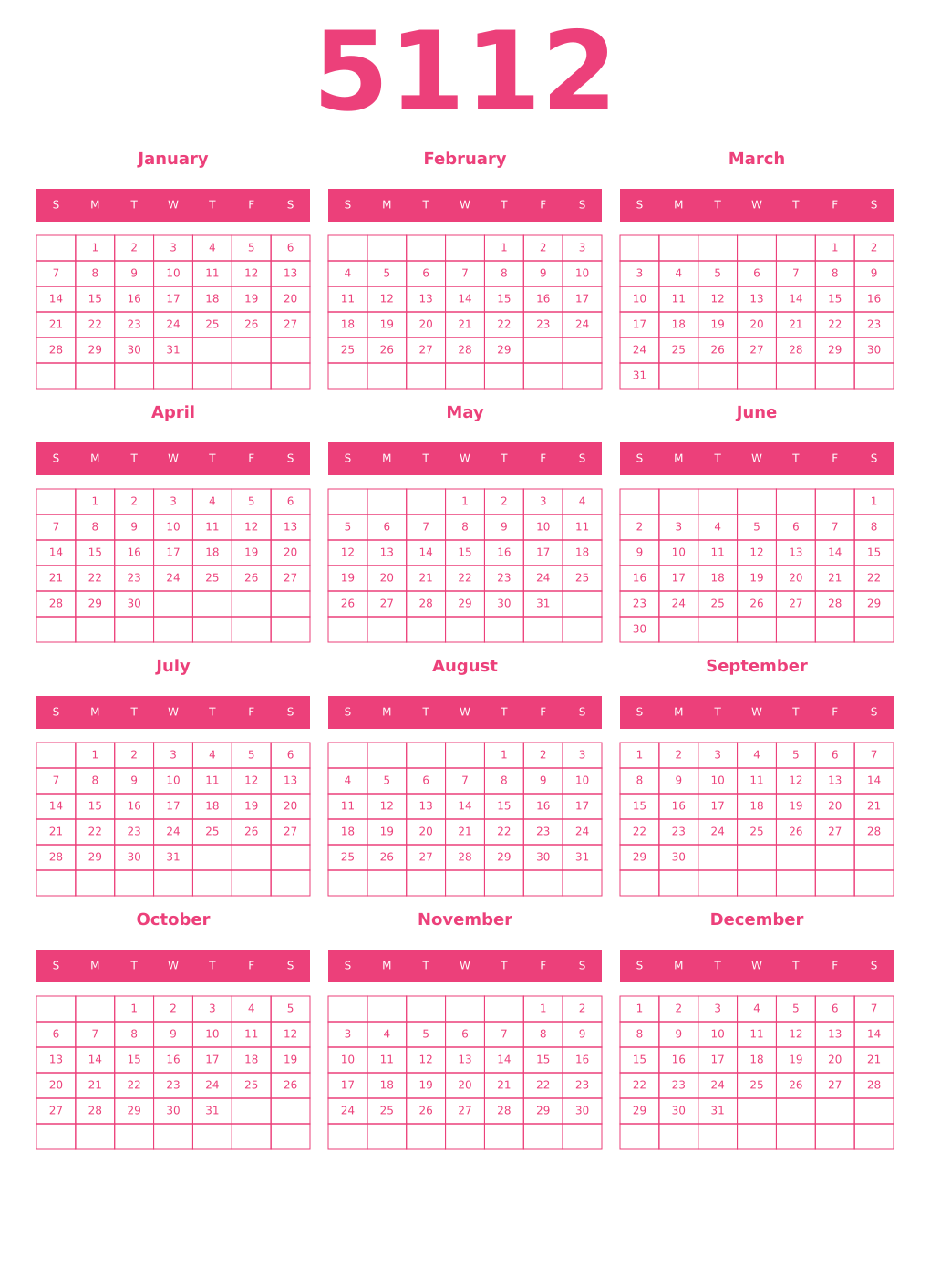 Printable 5112 Year Calendars pink