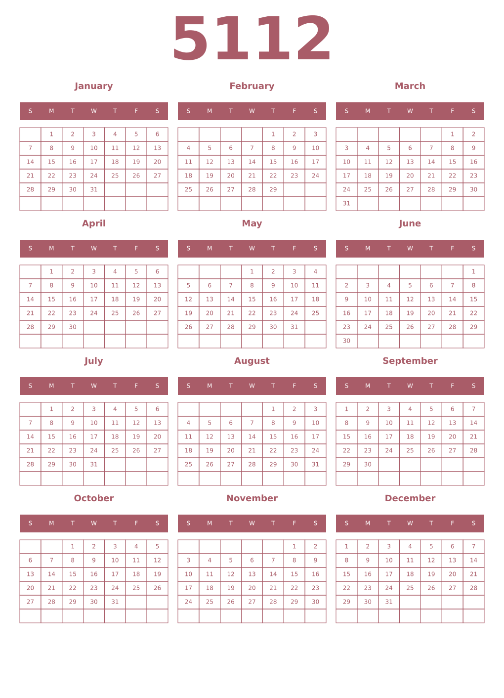 Printable 5112 Year Calendars puce