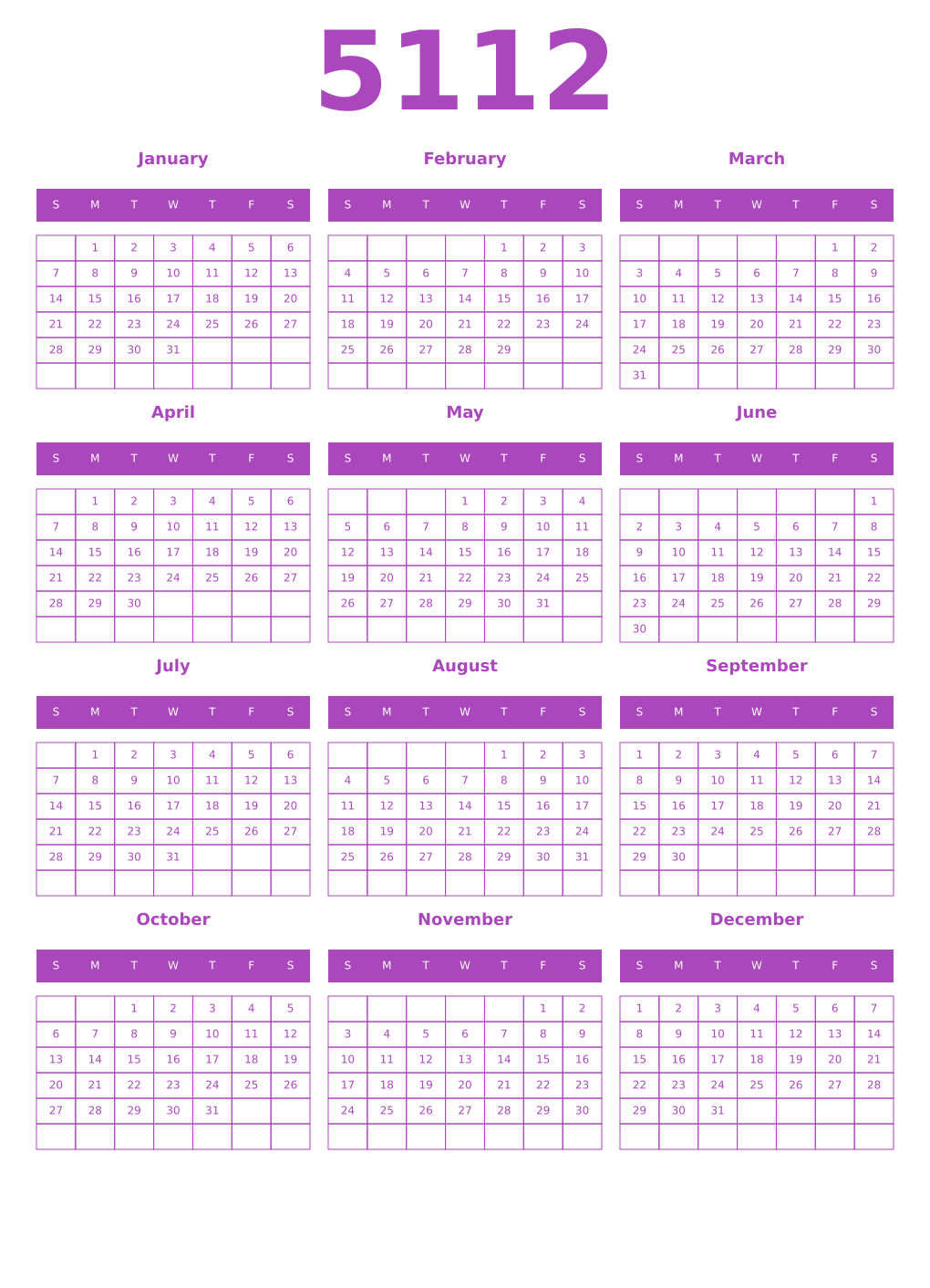 Printable 5112 Year Calendars purple