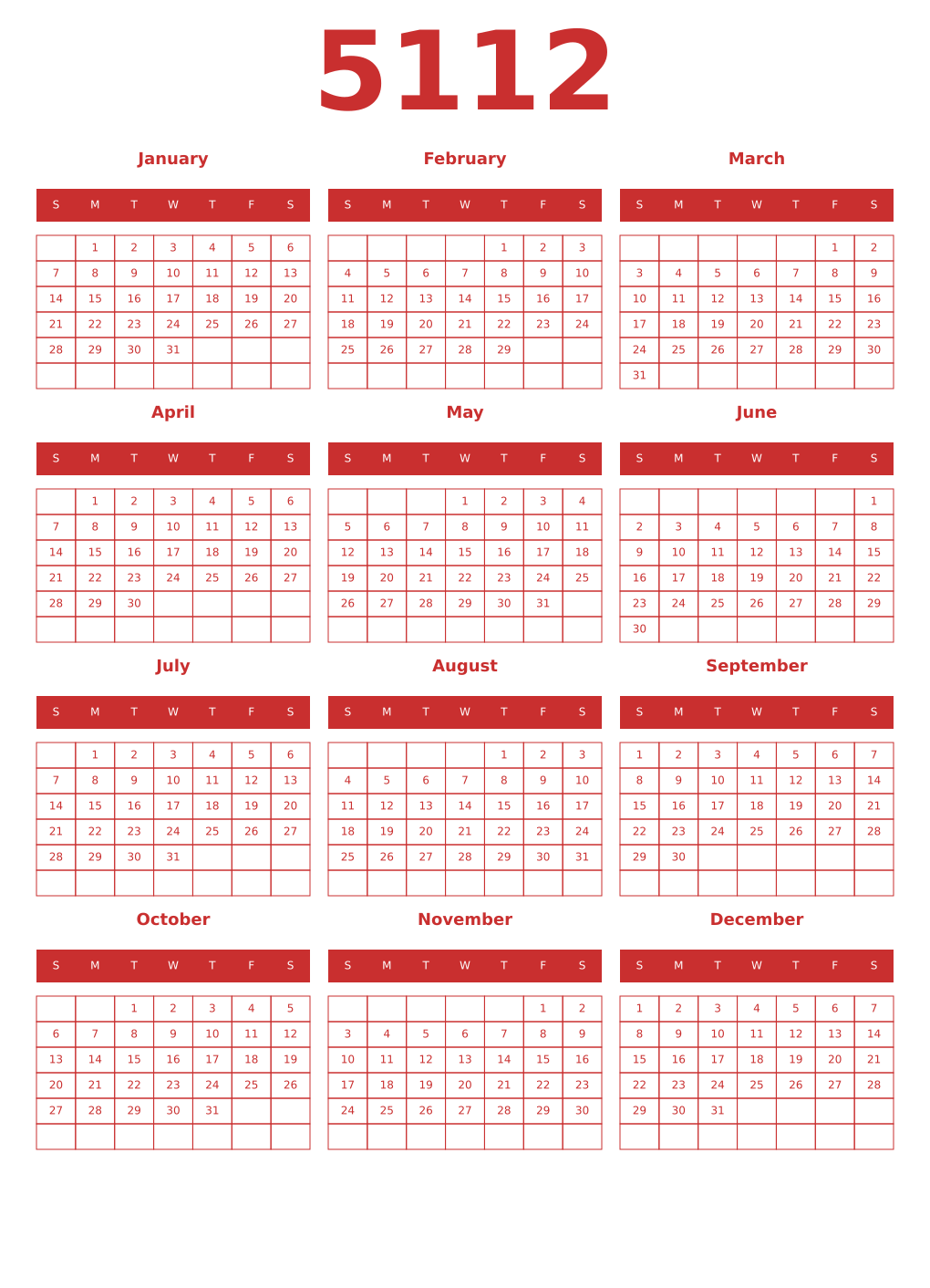Printable 5112 Year Calendars red