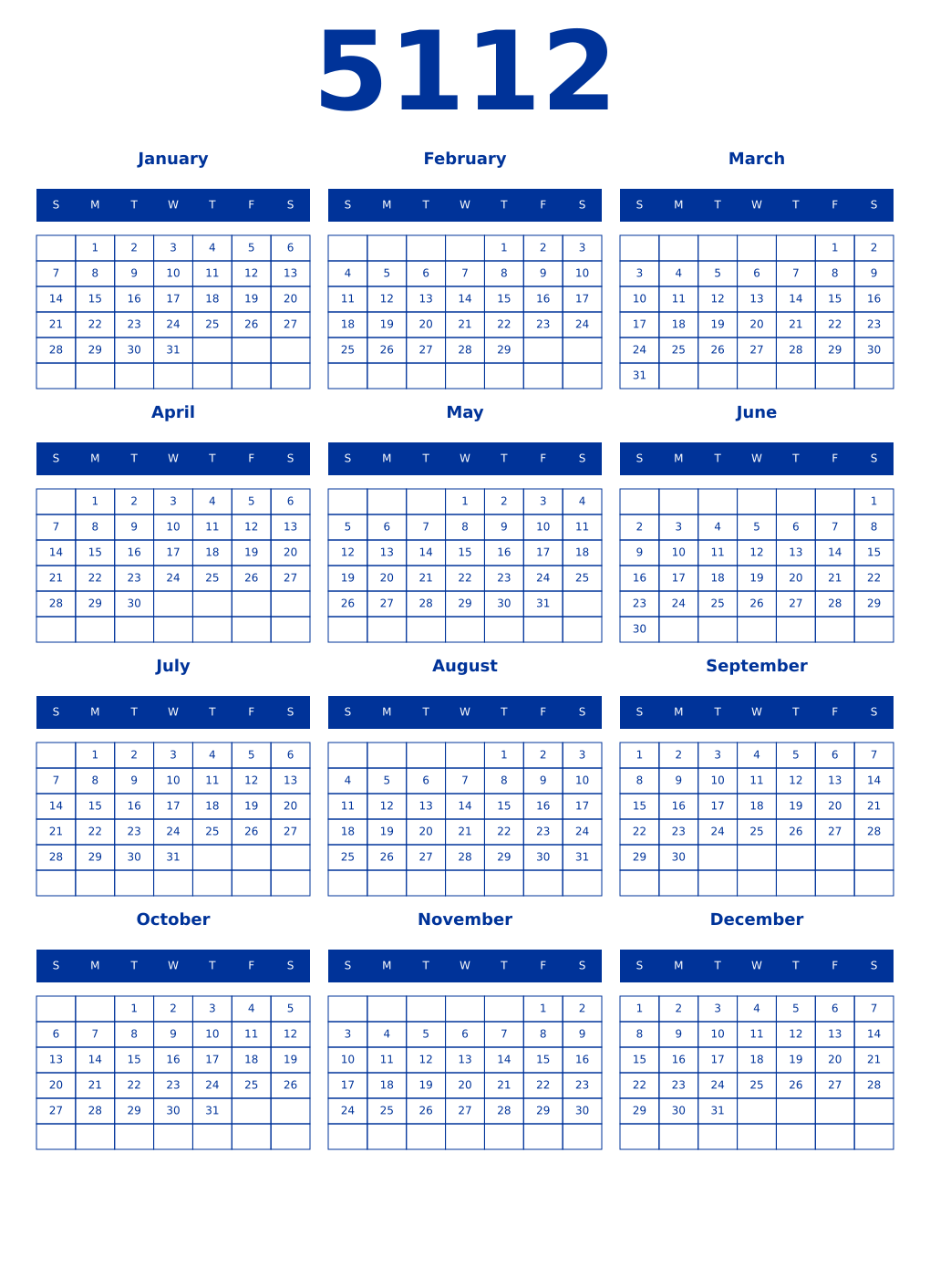 Printable 5112 Year Calendars smalt