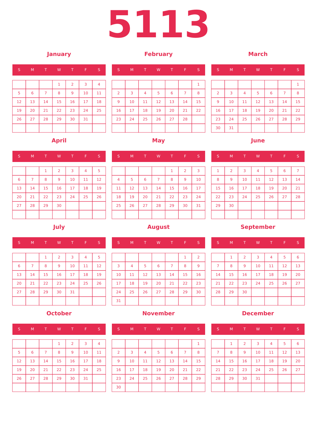 Printable 5113 Year Calendars amaranth