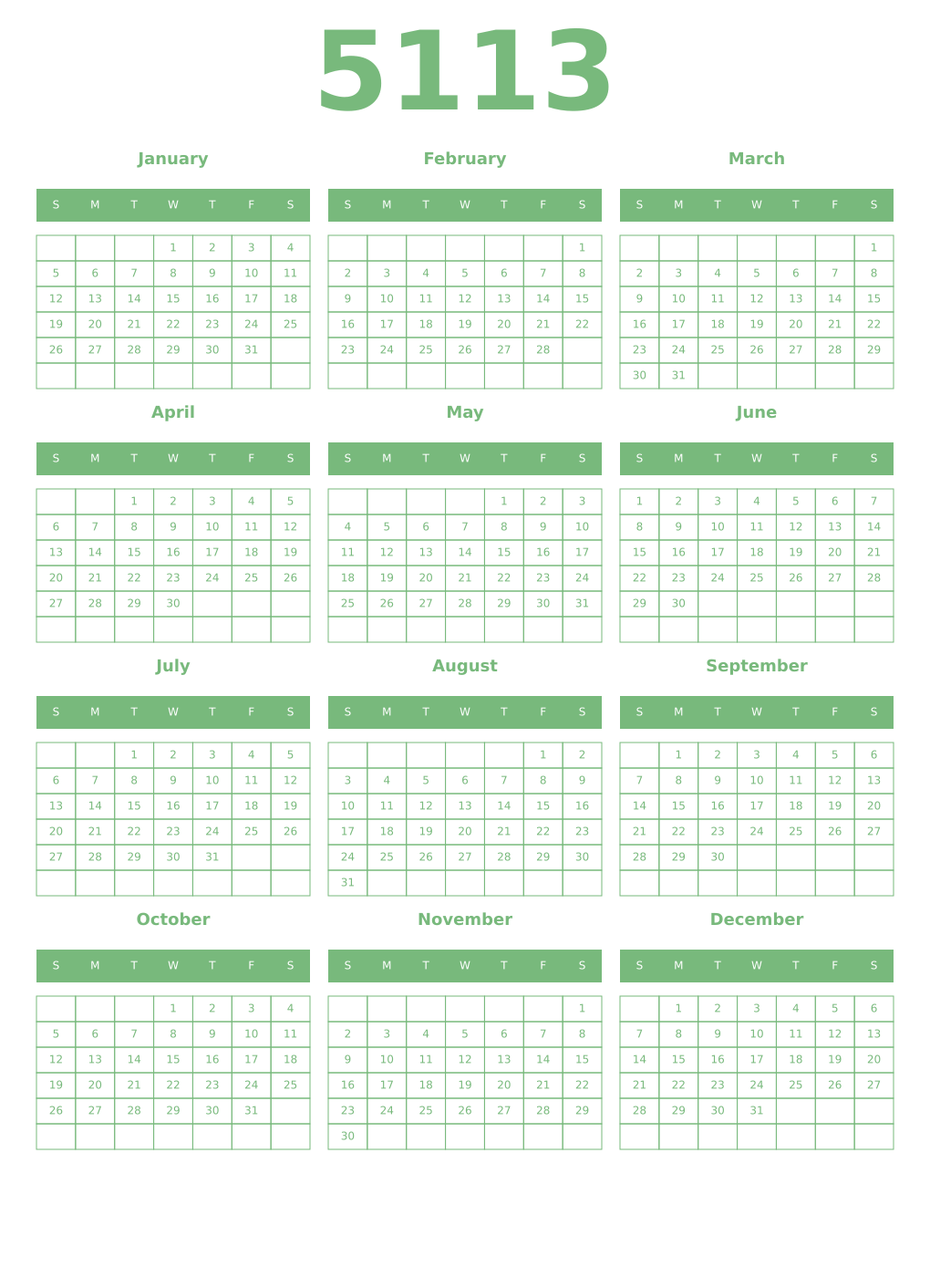 Printable 5113 Year Calendars celadon