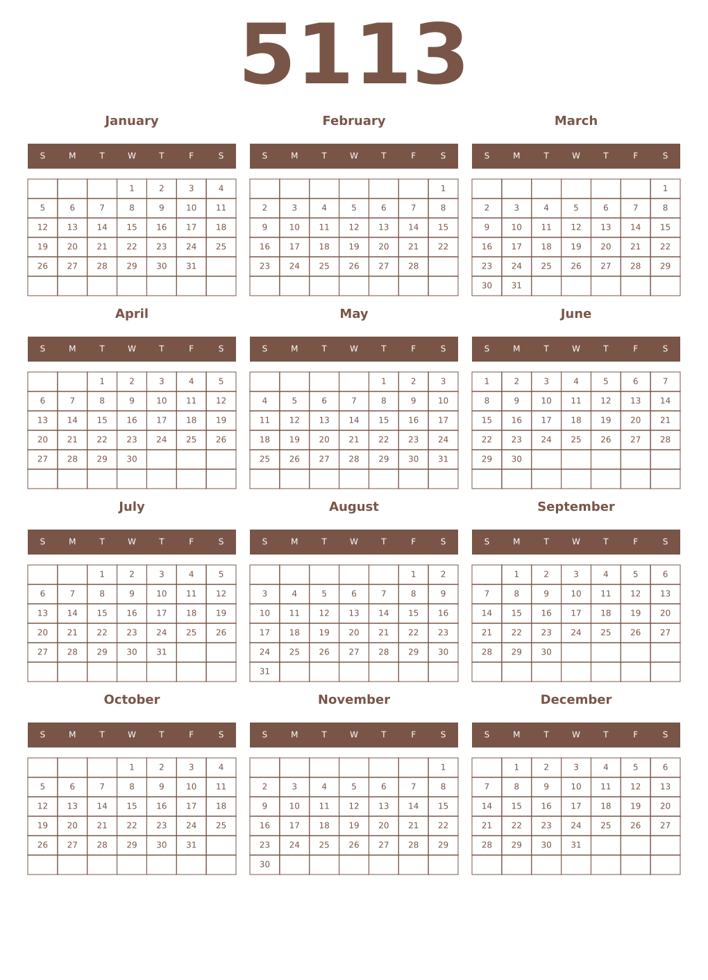 Printable 5113 Year Calendars coffe