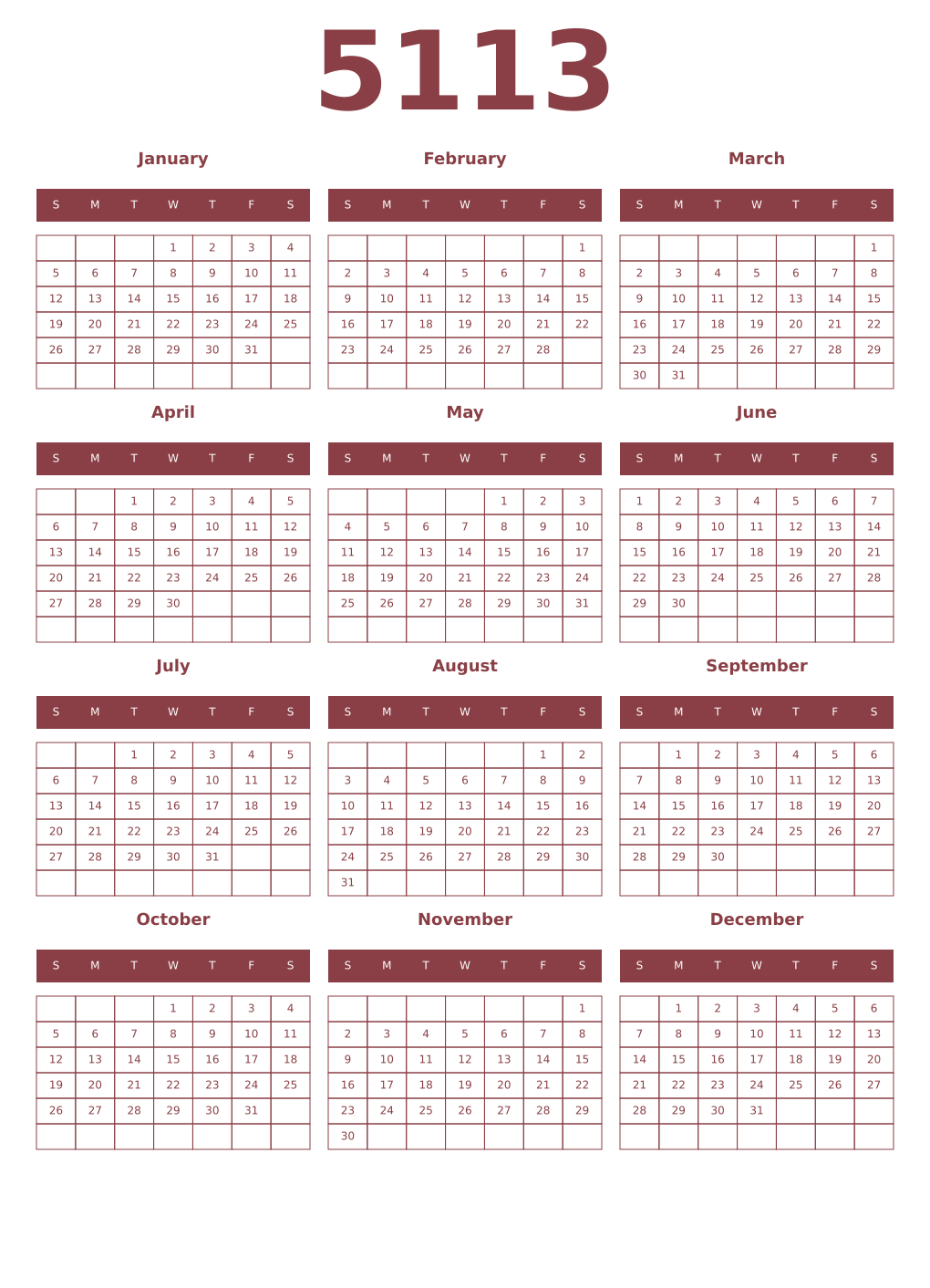 Printable 5113 Year Calendars cordovan