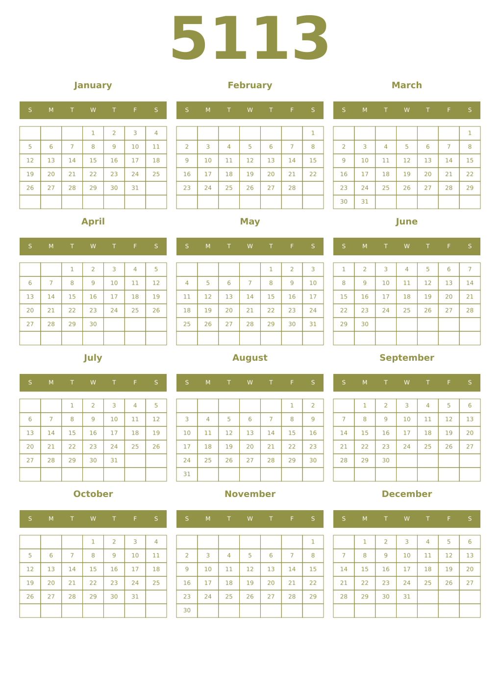 Printable 5113 Year Calendars eburnean
