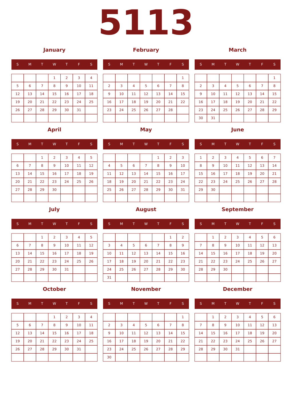 Printable 5113 Year Calendars falu