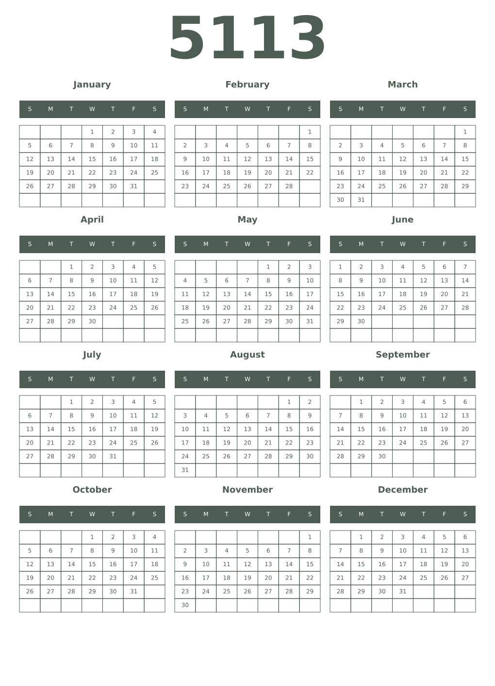 Printable 5113 Year Calendars feldgrau