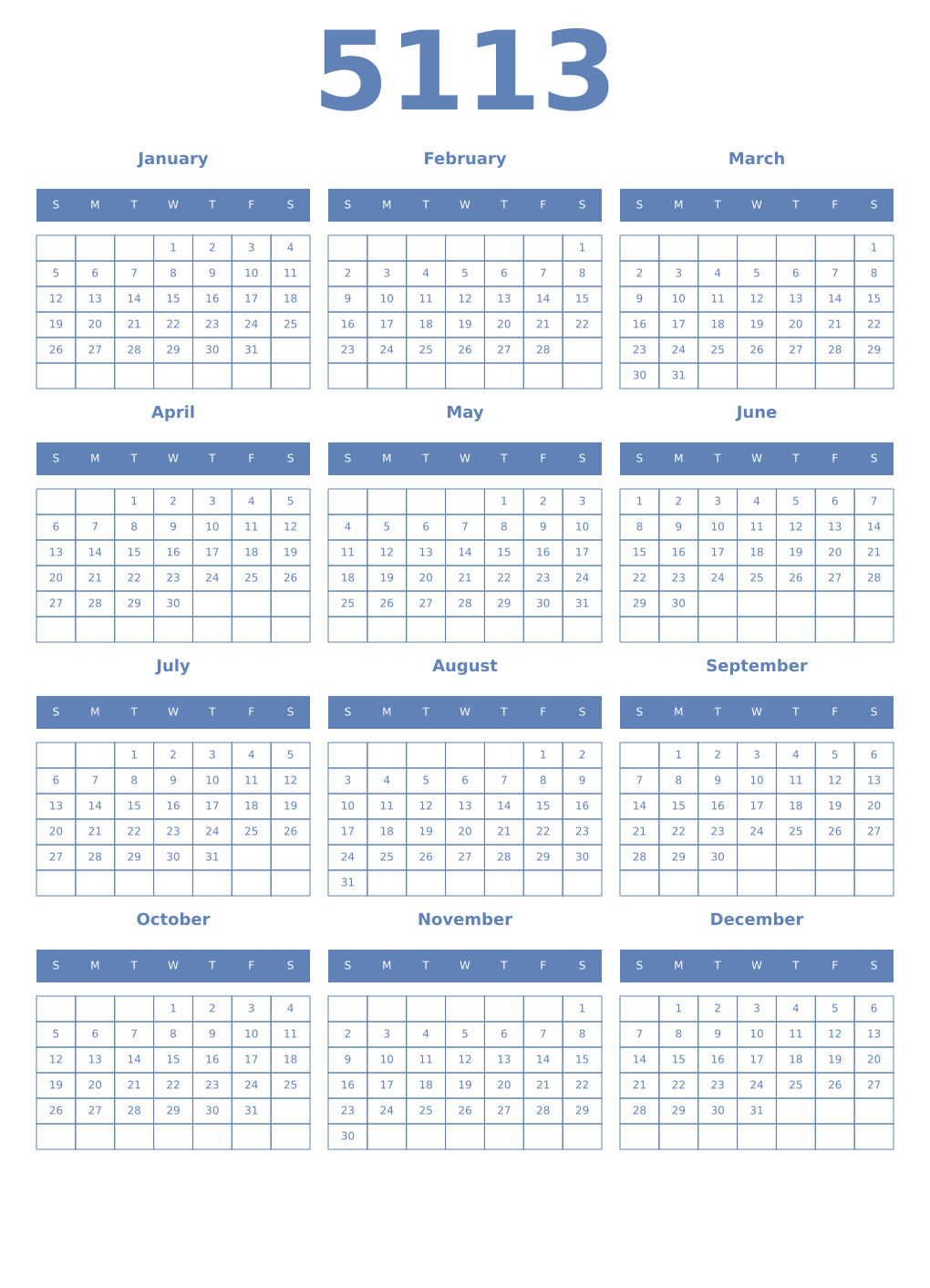 Printable 5113 Year Calendars glaucous