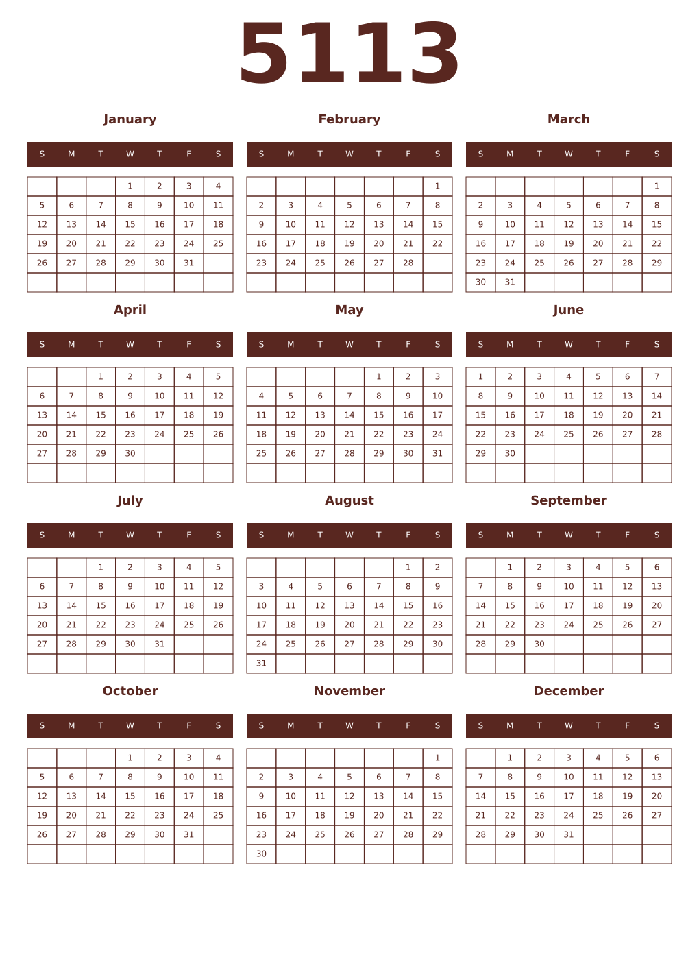 Printable 5113 Year Calendars mortuum