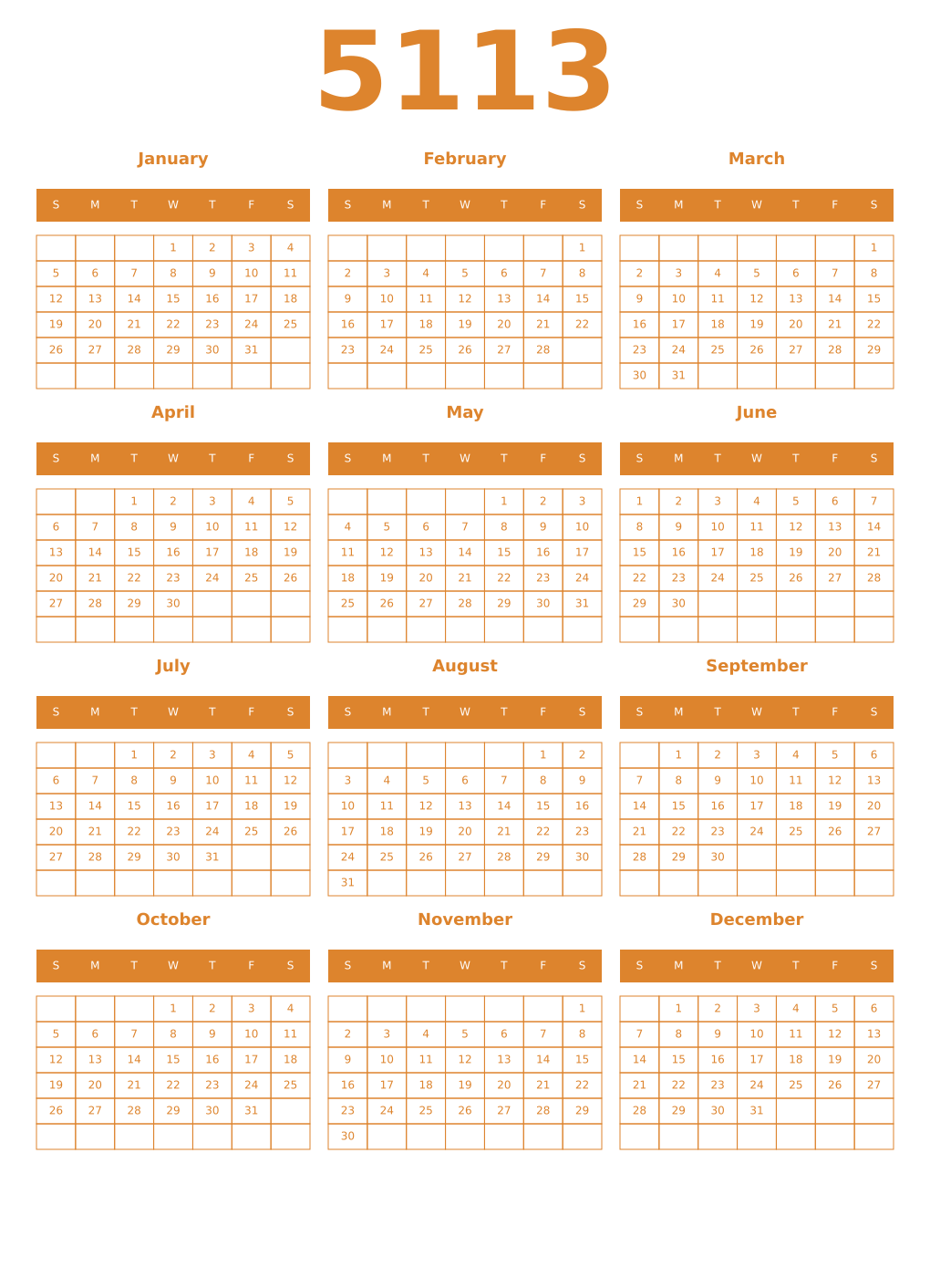 Printable 5113 Year Calendars orange