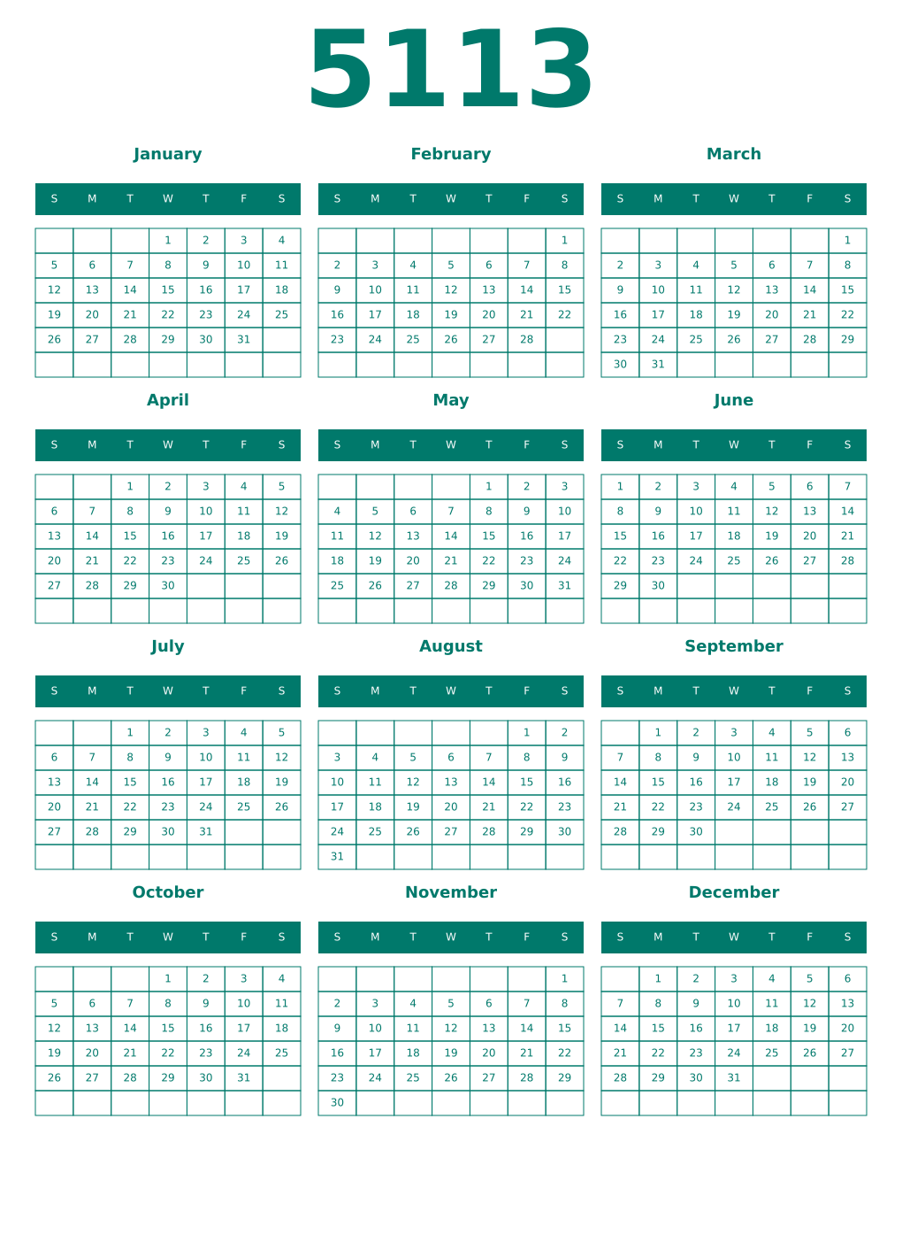 Printable 5113 Year Calendars pastel