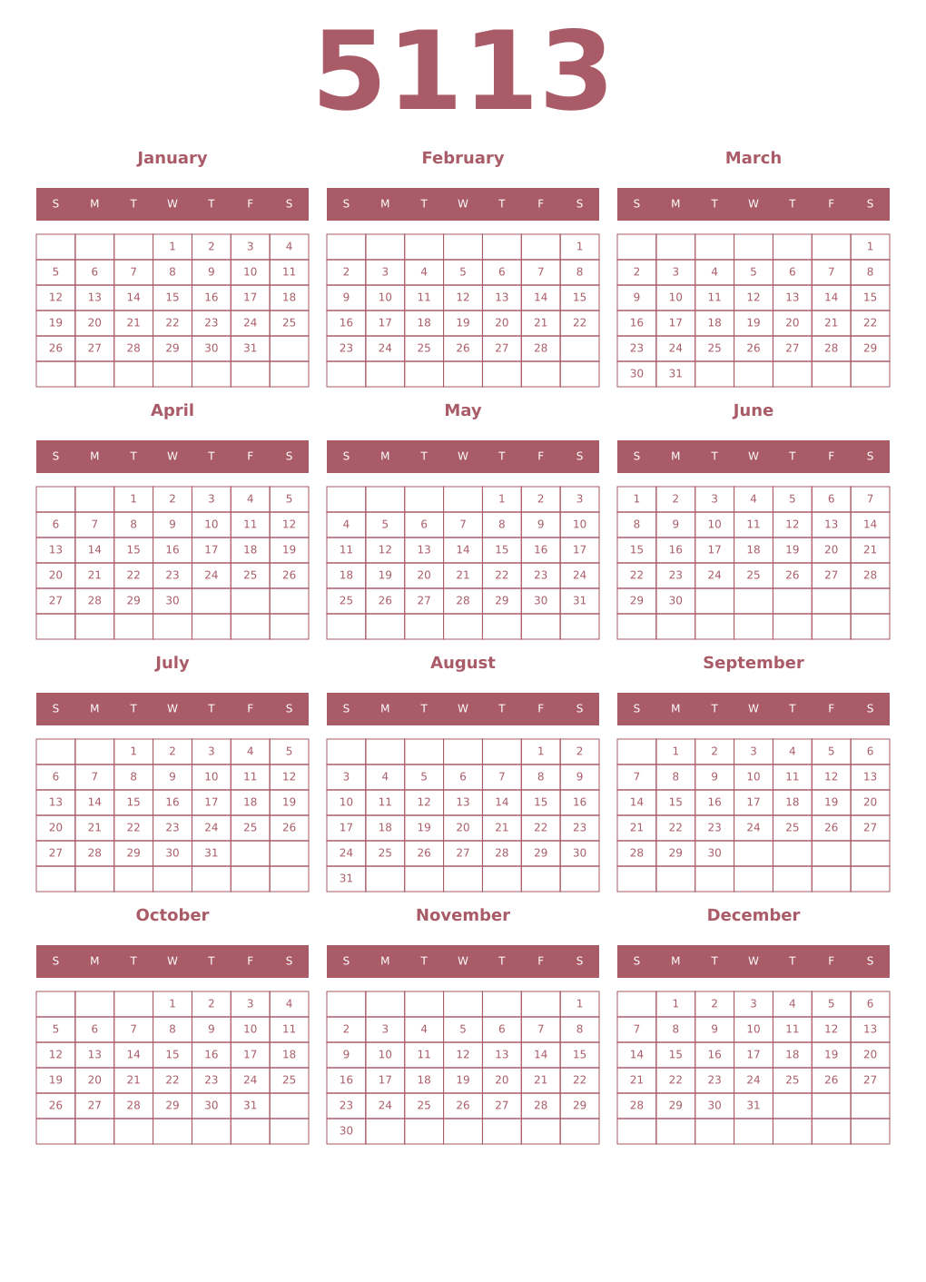 Printable 5113 Year Calendars puce