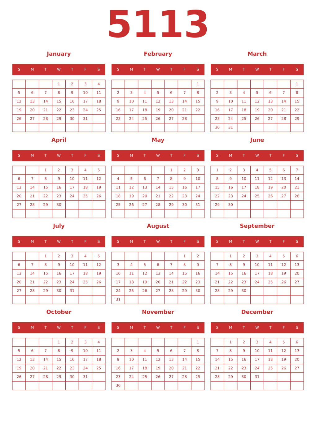 Printable 5113 Year Calendars red