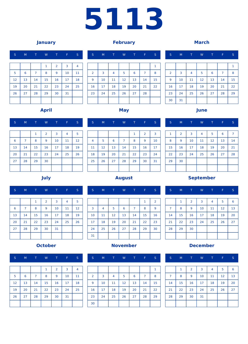 Printable 5113 Year Calendars smalt