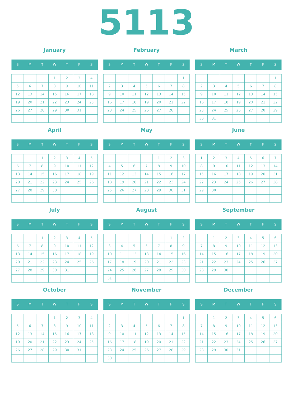 Printable 5113 Year Calendars verdigris